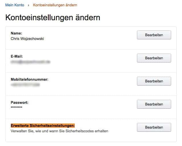 Die erweiterten Sicherheitseinstellungen, um das Amazon Konto sichern zu können, sind etwas versteckt