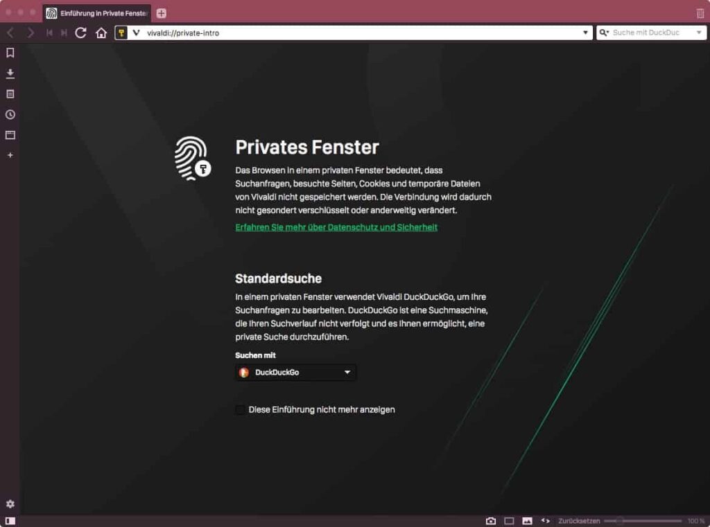 DuckDuckGo ist die Standardsuchmaschine im privaten Modus von Vivaldi