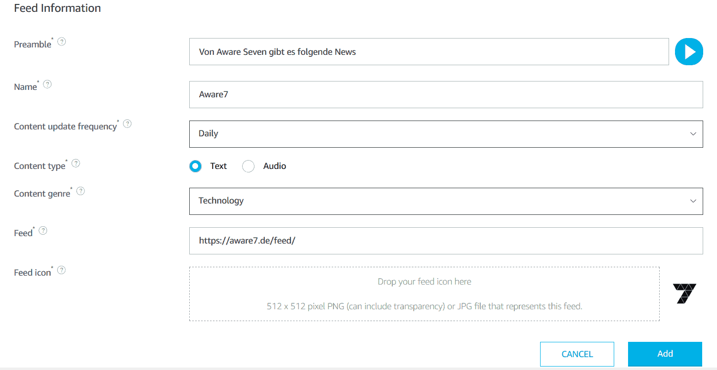 AWARE7 Alexa Skill ueber RSS Feed