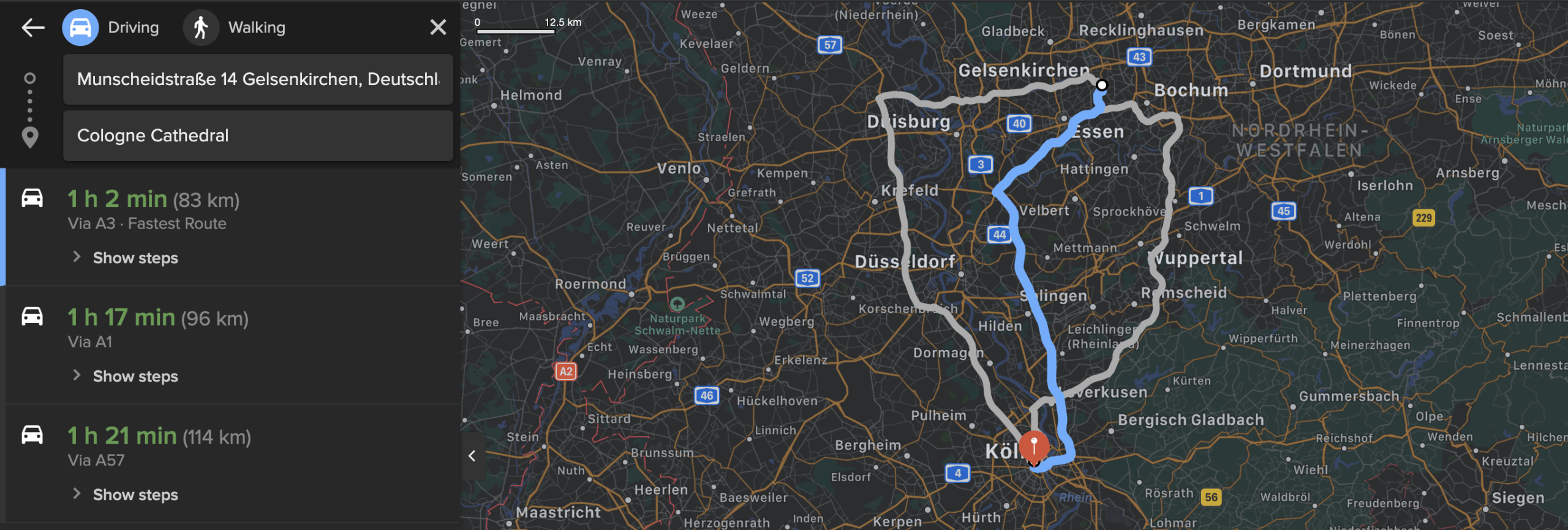 DuckDuckGo route options showing choice between car and walking as transport modes