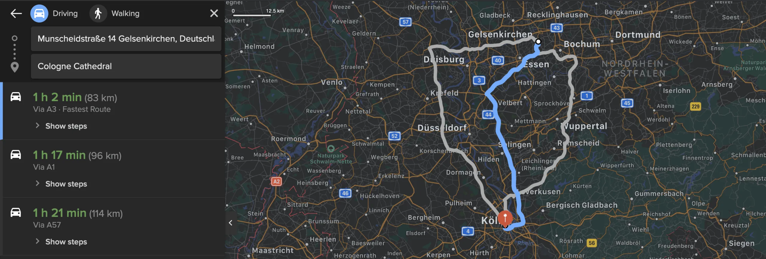 DuckDuckGo route options showing choice between car and walking as transport modes