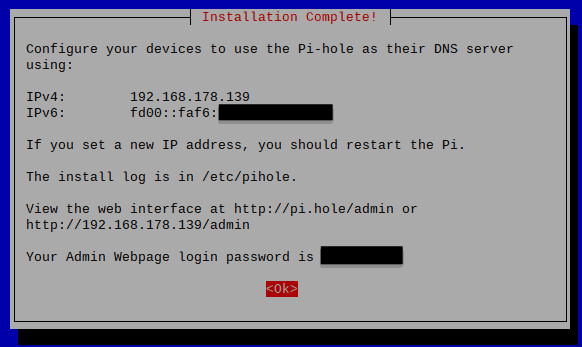Pi-hole Installationsübersicht mit Zugangsdaten und IP-Adresse nach erfolgreicher Einrichtung