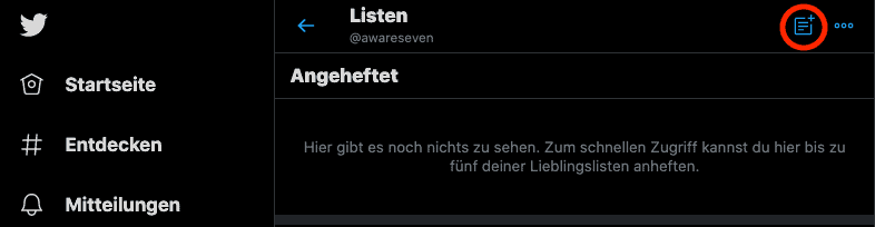 Twitter-Weboberfläche zeigt den Bereich zum Erstellen einer neuen Liste mit Plus-Symbol