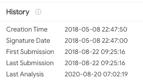 VirusTotal file details showing the first GlueBall malware sample uploaded on 08.05.2018