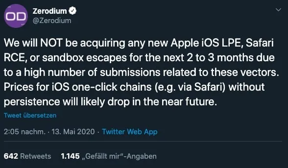 The sale of iOS vulnerabilities is no longer attractive. A jailbreak becomes more likely.