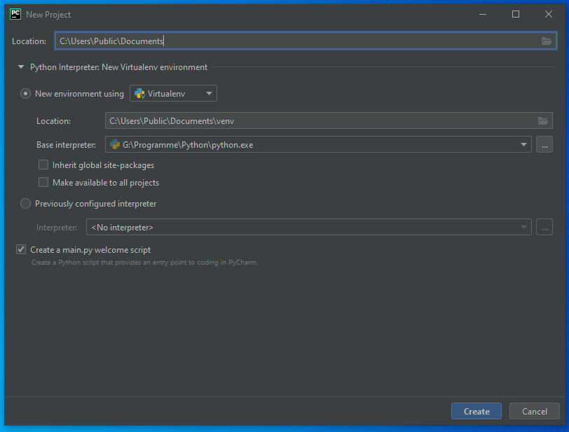 Pycharm neues Projekt