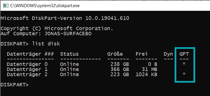 Diskpart Windows list vol gpt
