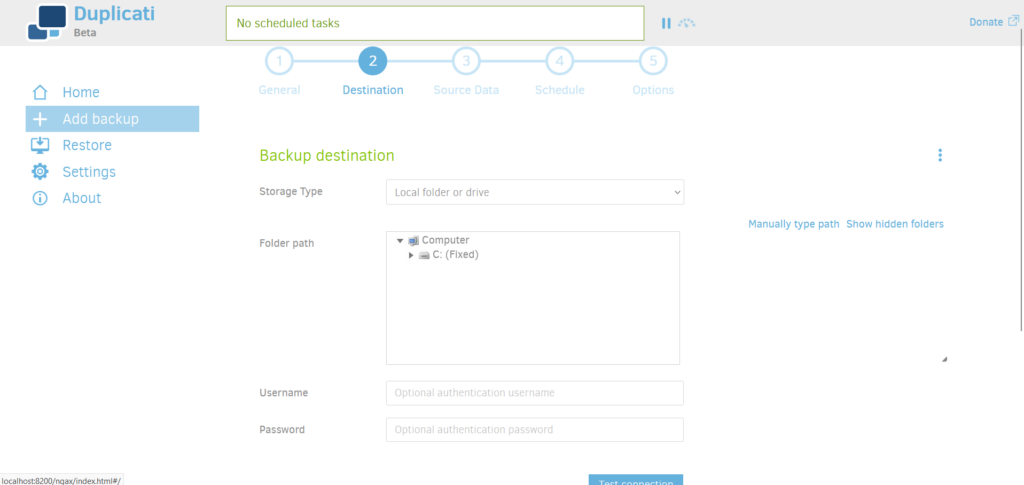 Die Auswahl des Sicherungsziels im Webinterface von Duplicati
