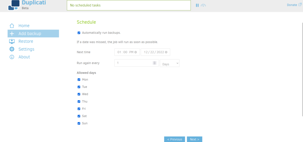 Duplicati Webinterface: Einstellung des Backup-Zeitplans mit automatischem Start