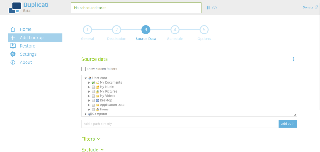 Die Auswahl der zu sichernden Orte im Webinterface