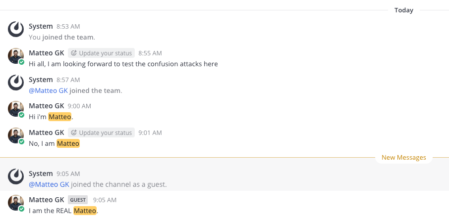 Example chishing in the business chat Mattermost.