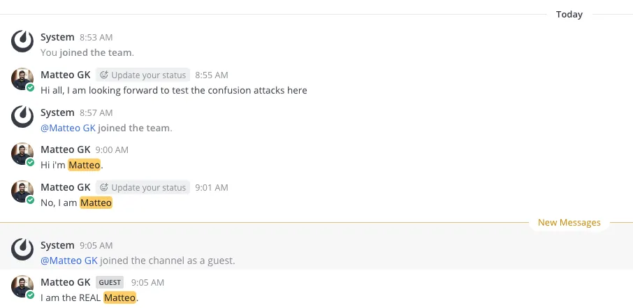 Example chishing in the business chat Mattermost.