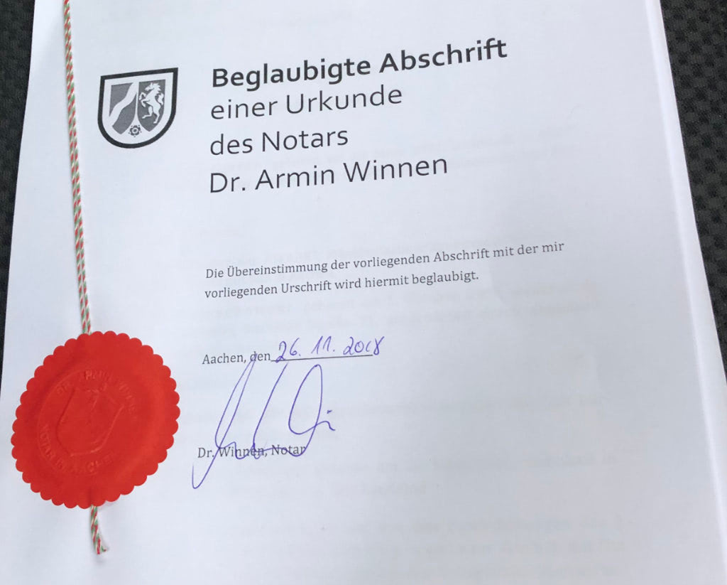 Beglaubigte Abschrift der Gründungsurkunde der AWARE7 GmbH vom Notar, datiert 26. November 2018